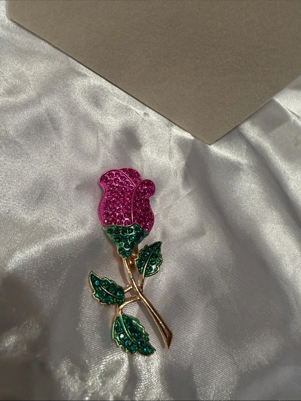 Pink Crystal Rose Brooch with Green Leaves - Women's Jewelry